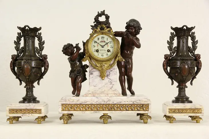 French Marble Antique 1890's Signed Mantel Clock Set & Side Urns, Clermont