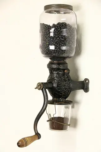 Arcade Crystal 1890's Antique Wall Coffee Grinder, Iron & Glass