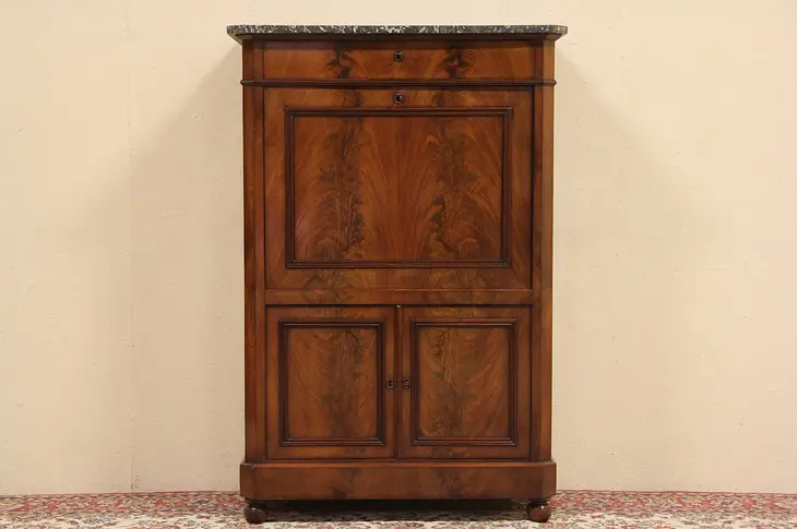 Biedermeier or Empire 1860 Secretary Desk, Marble Top, Secret Compartments