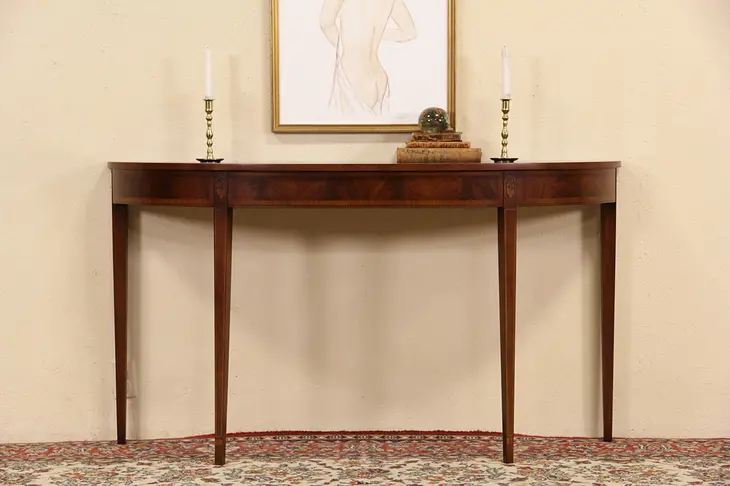Wellington Hall Signed Demilune Hall Console Table, Inlaid Marquetry