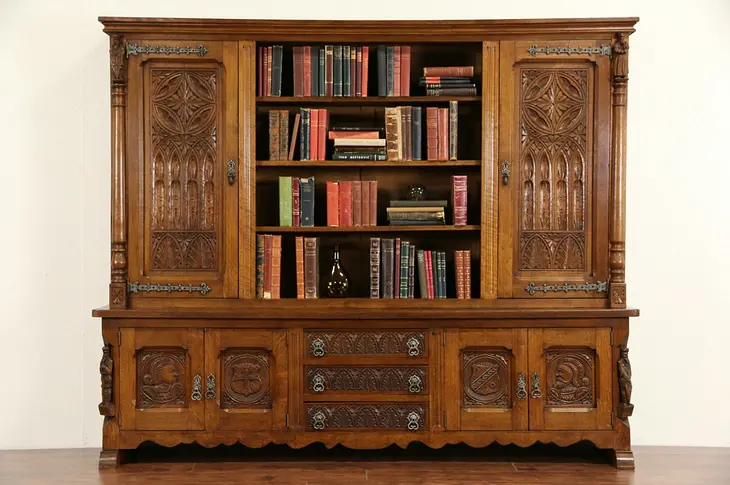 Gothic Oak 1930's Vintage Dutch Bookcase Library Cabinet, Carved Figures