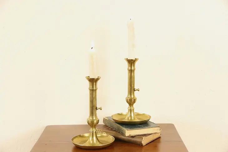 Pair of English Brass 1900 Antique Chambersticks or Candlesticks, Pushers