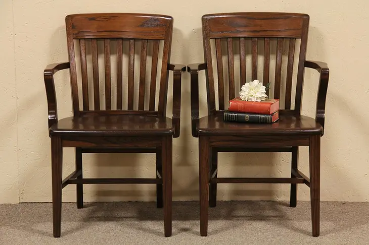 Pair Antique Oak Bank Armchairs