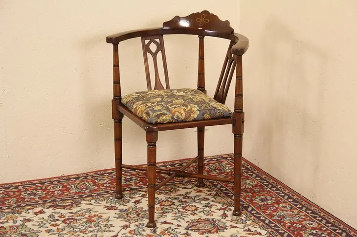 Maple 1890 Antique Corner Chair, Inlaid Banding, New Upholstery