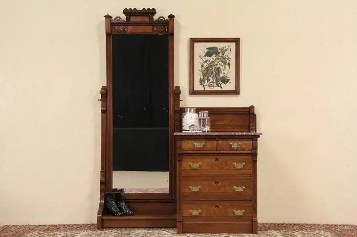 Victorian Eastlake Antique 1870 Marble Top Chest & Dressing Mirror