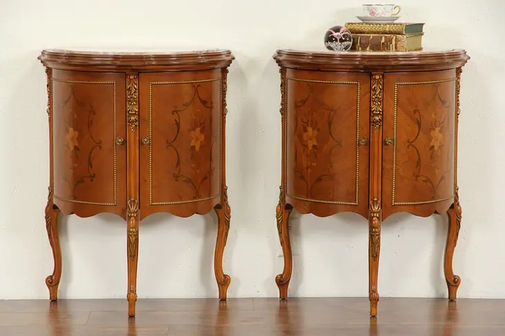 Pair of Demilune Half Round 1940 Vintage Marble Top End Tables or Nightstands