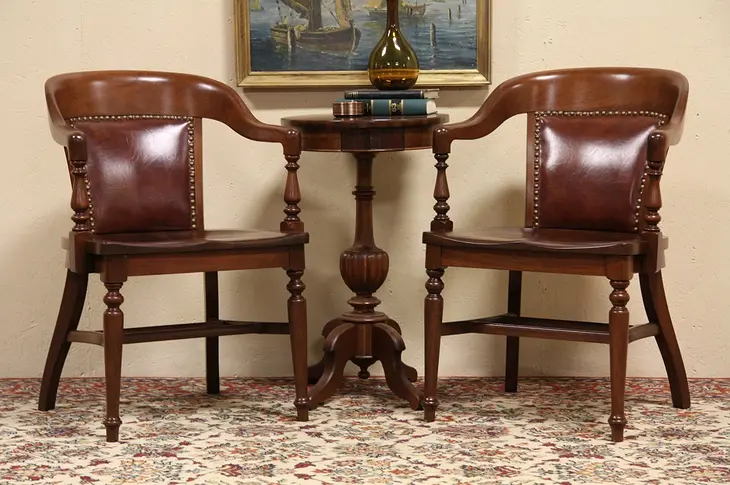 Pair of 1920's Antique Walnut Banker Chairs