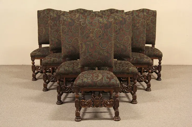 Set of 10 Carved Oak 1915 Antique Scandinavian Dining Chairs