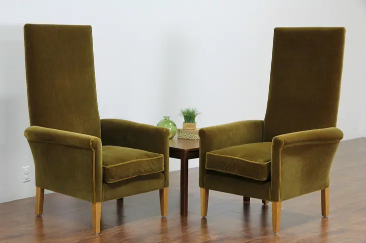 Pair Contemporary Designer Mohair Chairs, Down Cushions