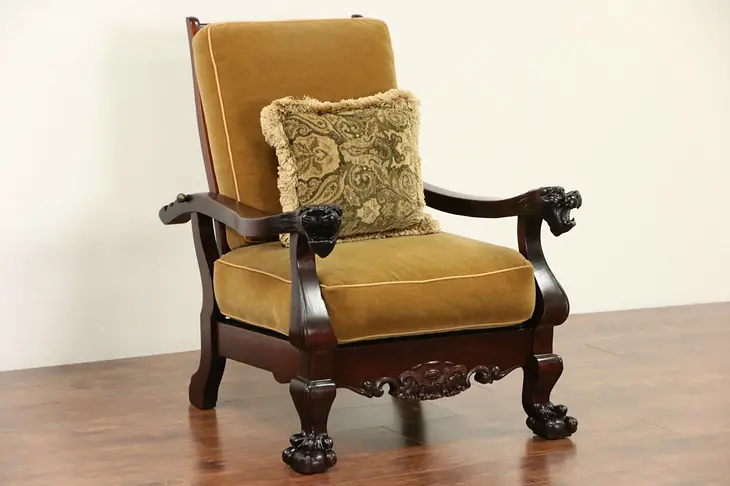 Morris Recliner Chair, 1900 Antique Mahogany & Mohair, Carved Lion Heads