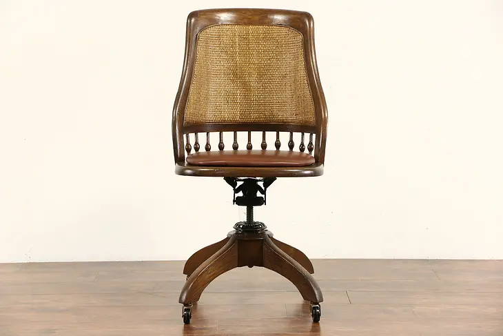 Oak 1895 Antique Swivel Adjustable Desk Chair, Leather Seat