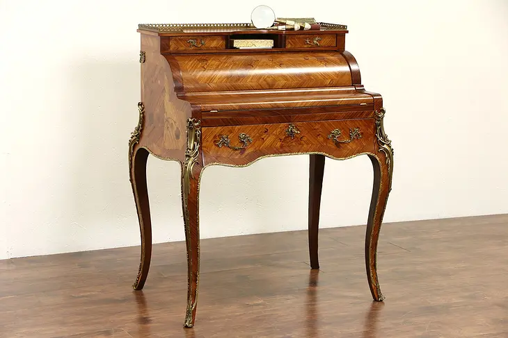 French Tulip & Rosewood Marquetry Vintage Roll Top Secretary Desk, Bronze Mounts