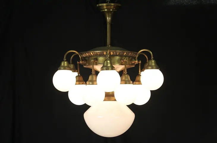 Brass 13 Globe 1910 Antique Chandelier Ceiling Light Fixture