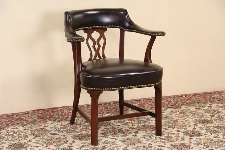 Hickory Signed Bank of London Chairs, Leather & Mahogany