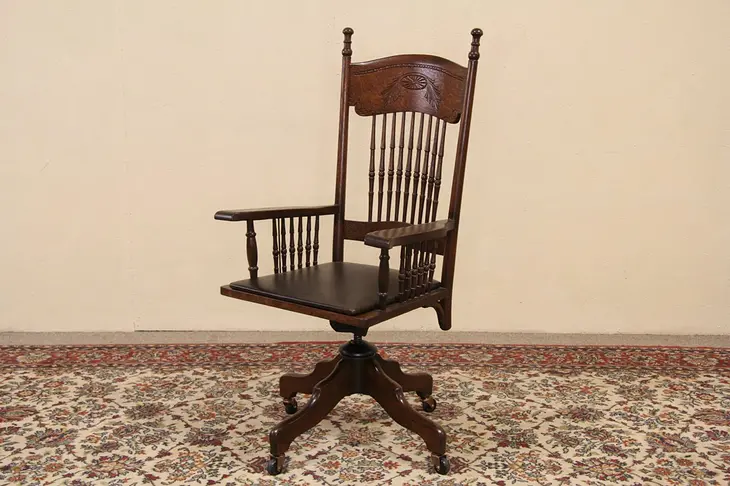 Swivel Antique Oak Desk Armchair Pat. 1895, Leather Seat