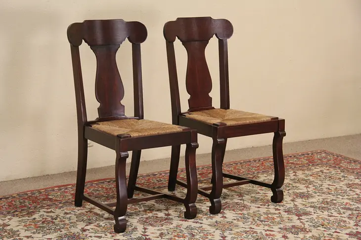 Pair of 1910 Antique Mahogany Side or Dining Chairs, Rush Seats