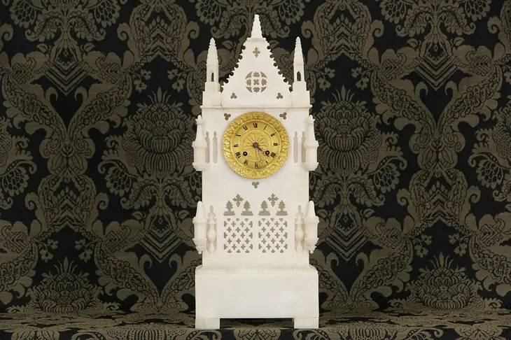 French Carved Alabaster 1830's Antique Clock