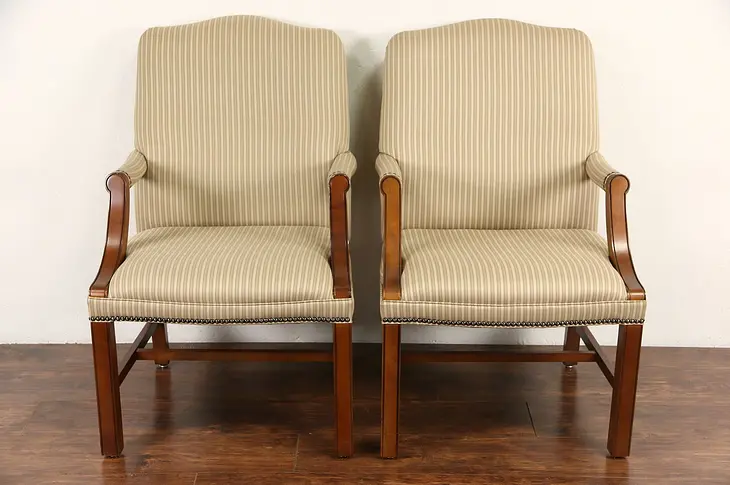 Pair Traditional Upholstered Vintage Library or Office Chairs, Signed Kimball