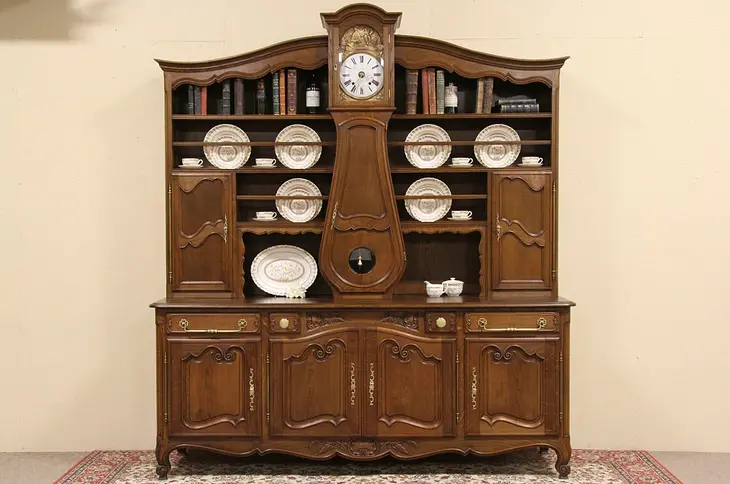 Country French Oak Sideboard Pewter Cupboard & Clock