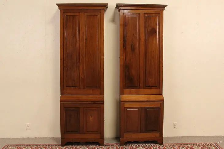 Pair Narrow 1870 Antique Walnut Pantry Cupboards or Bookcase Cabinets