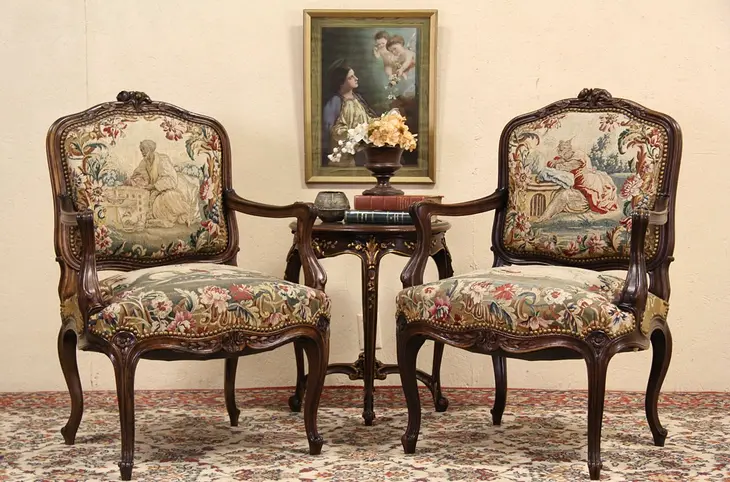 Pair of Antique 1900 Carved French Chairs, Original Tapestry