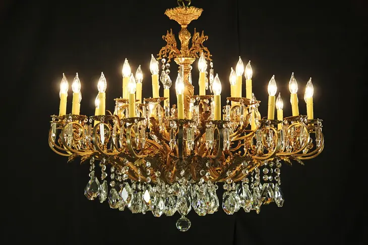 Bronze 30 Candle Vintage Scandinavian Chandelier, Swans & Crystal Prisms