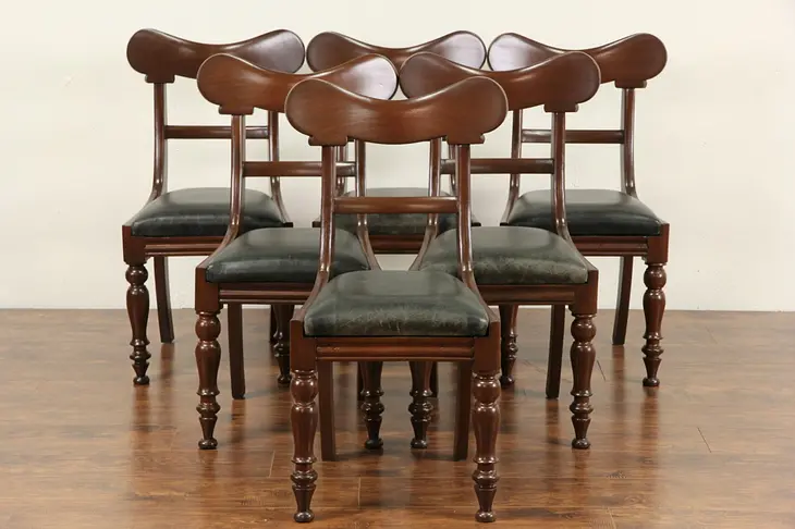 Set of 6 William IV English 1830 Antique Dining Chairs, Leather Seats