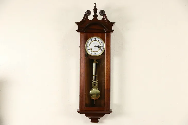 Waltham Signed Queen Ann 31 Day Vintage Mahogany Wall Clock, Brass Movement