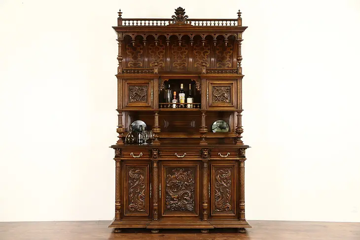 Jesters and Dragons Carved 1890 Antique Walnut Cabinet, Denmark