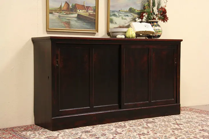 Cabinet or TV Console, Antique 1900 Sliding Doors, Wainscoting Back
