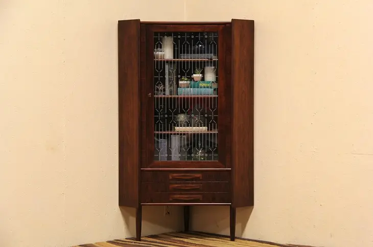Midcentury Danish Modern Rosewood Vintage Corner Cabinet with Etched Glass