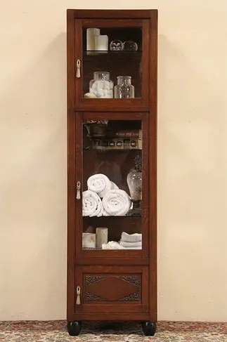 Art Deco 1925 Belgian Oak Curio Display Cabinet, All Original