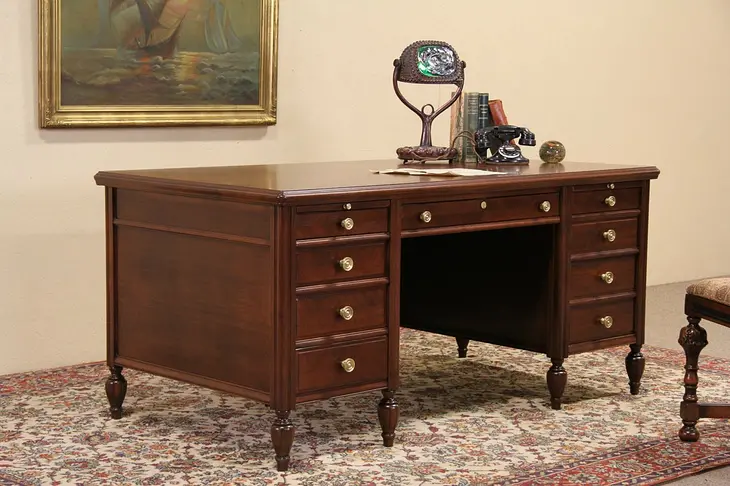Executive 1930's Vintage Walnut Desk, Original Bronze Knobs