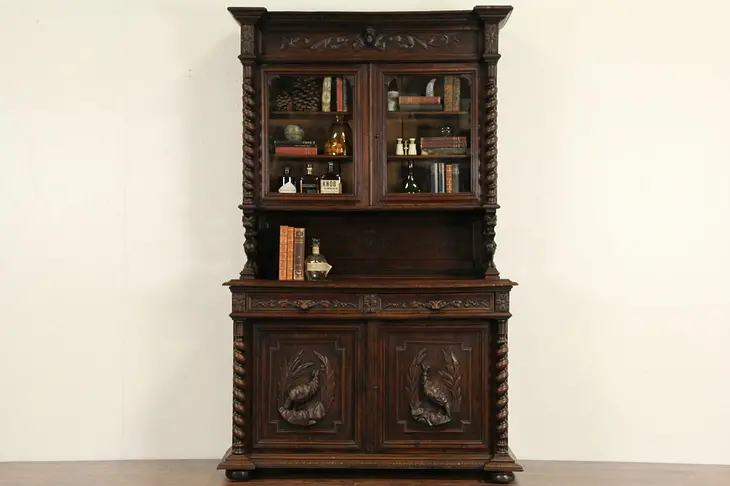 Black Forest 1880 Antique Carved Oak Sideboard China Cabinet or Bookcase