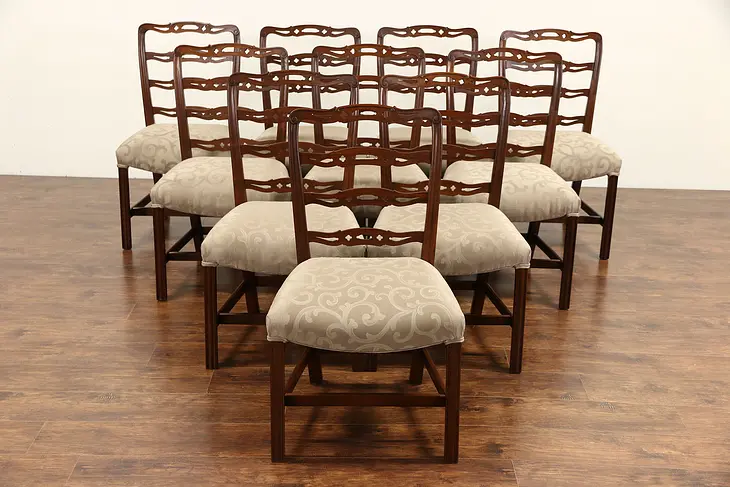 Set of 10 Traditional Carved Mahogany 1950 Dining Chairs, New Upholstery