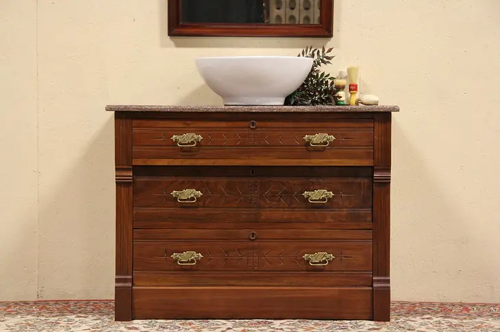 Victorian Eastlake Marble Top Carved Chest or Dresser, Vessel Sink Vanity