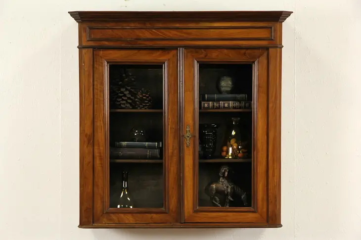 Victorian 1870 Antique Walnut Hanging Cupboard Countertop Bookcase, Wavy Glass