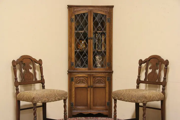 Tudor Oak Corner Cabinet, Leaded Glass Doors