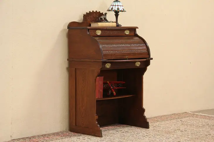 Child Size 1900 Antique Oak Rolltop Desk, Original Hardware