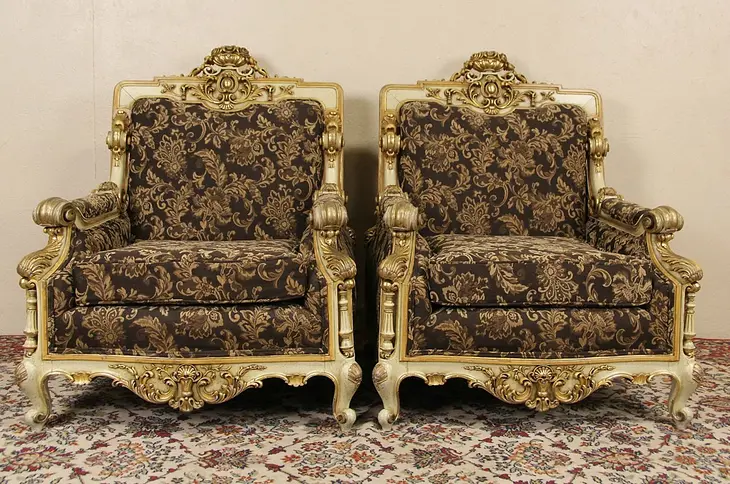 Pair of Carved Italian Vintage Gold Chairs, Newly Upholstered