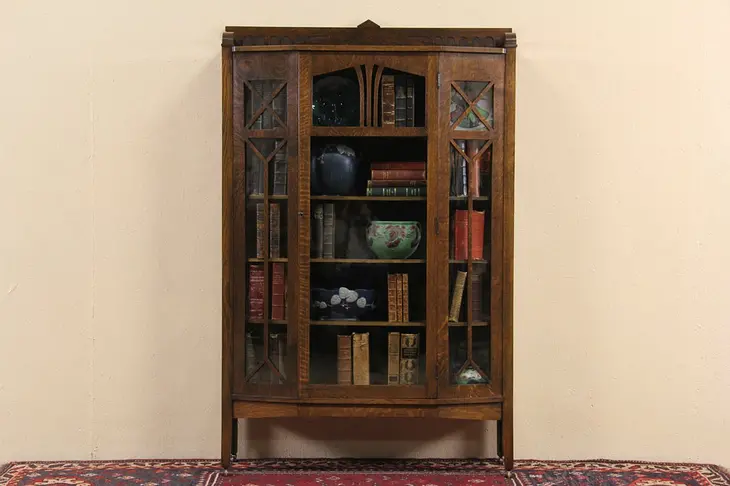 Arts & Crafts Mission Oak 1905 Antique Bookcase, China or Curio Display Cabinet