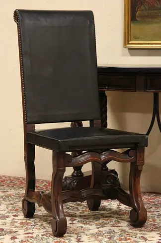 Spanish Colonial Carved Pine & Leather Chair