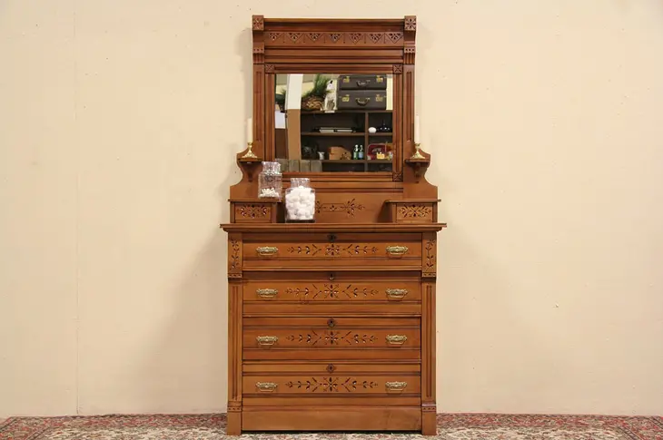 Eastlake 1880's Antique Dresser or Chest, Candle Stands & Mirror