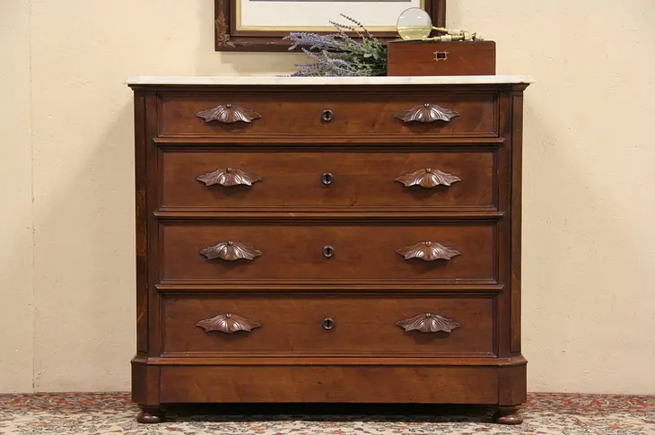 Victorian Marble Top 1870 Dresser or Linen Chest, Secret Drawer
