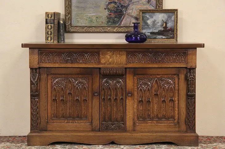 Dutch 1910 Antique Gothic Oak Sideboard, Server or TV Console, Carved Knights