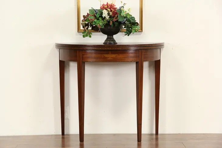 Hall Demilune Console Table, 1920's Mahogany & Marquetry, Opens to Game Table