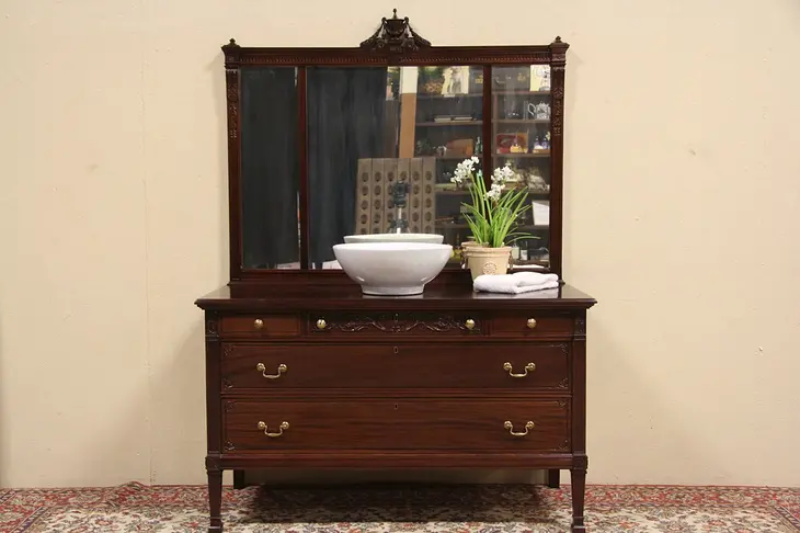 Carved Mahogany 1910 Antique Chest or Dresser & Mirror