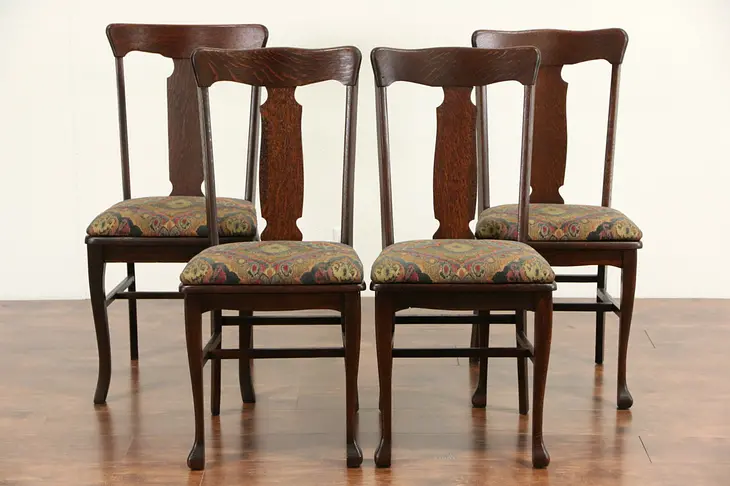 Group of 4 (3+1) Oak 1900 Antique Dining or Game Chairs, New Upholstery