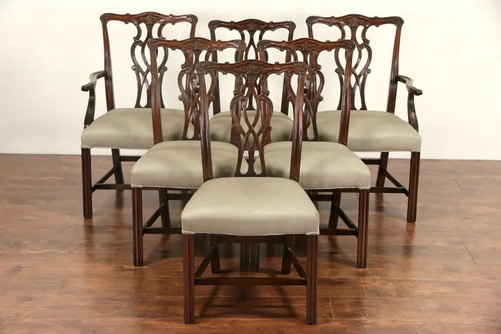 Georgian Chippendale 1960 Vintage Set of 6 Dining Chairs, New Upholstery