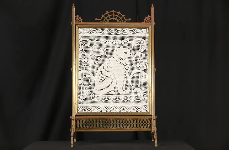 Bronze 1870 Antique Fireplace Screen, Crochet Cat Needlework